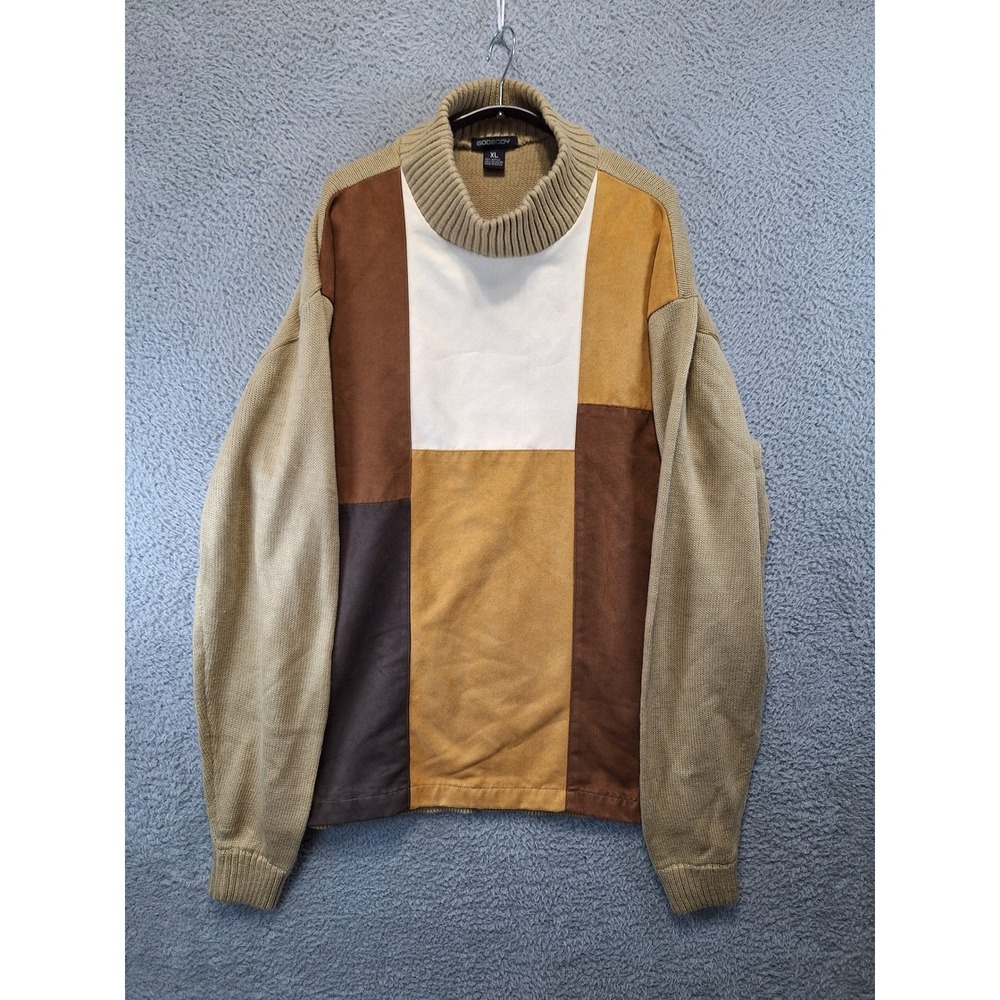 Godbody Mens XL Sweater & Flat Cap M/L Colorblock Patchwork Faux Suede Festival